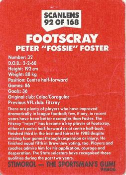 1989 Scanlens VFL #92 Peter Foster Back